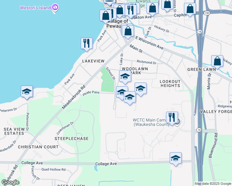map of restaurants, bars, coffee shops, grocery stores, and more near 458 Lake Street in Pewaukee