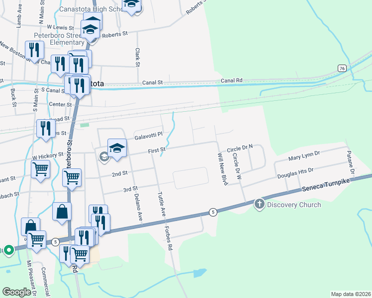 map of restaurants, bars, coffee shops, grocery stores, and more near 309 First Street in Canastota