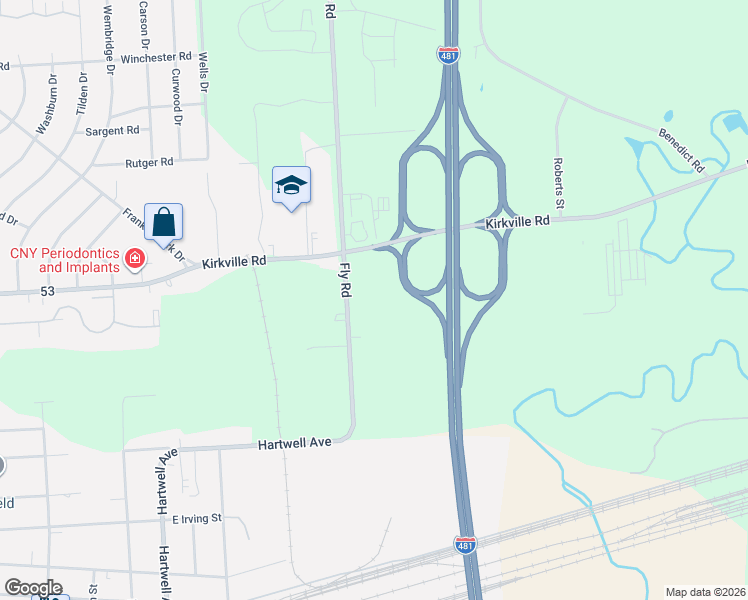 map of restaurants, bars, coffee shops, grocery stores, and more near 6286 Fly Road in East Syracuse