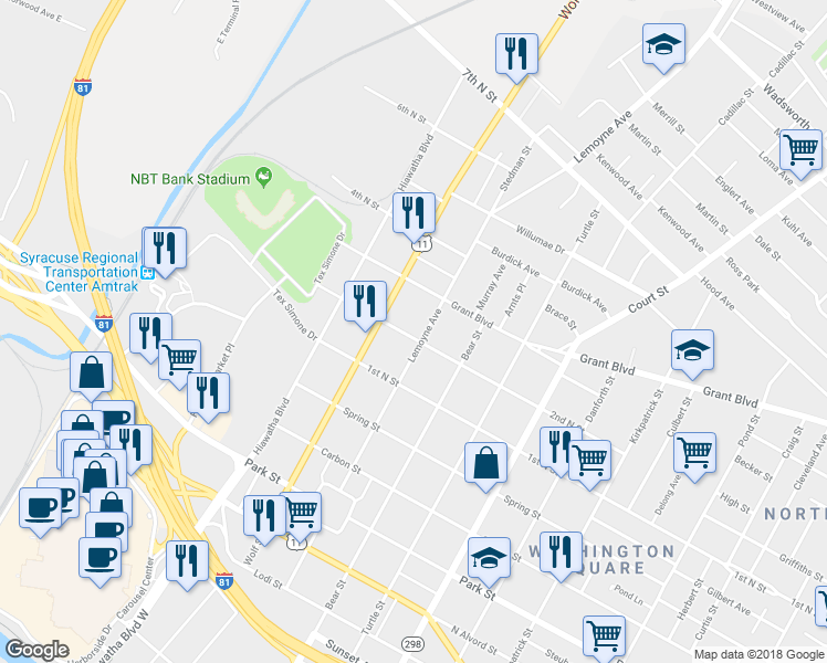 map of restaurants, bars, coffee shops, grocery stores, and more near 604 2nd North Street in Syracuse