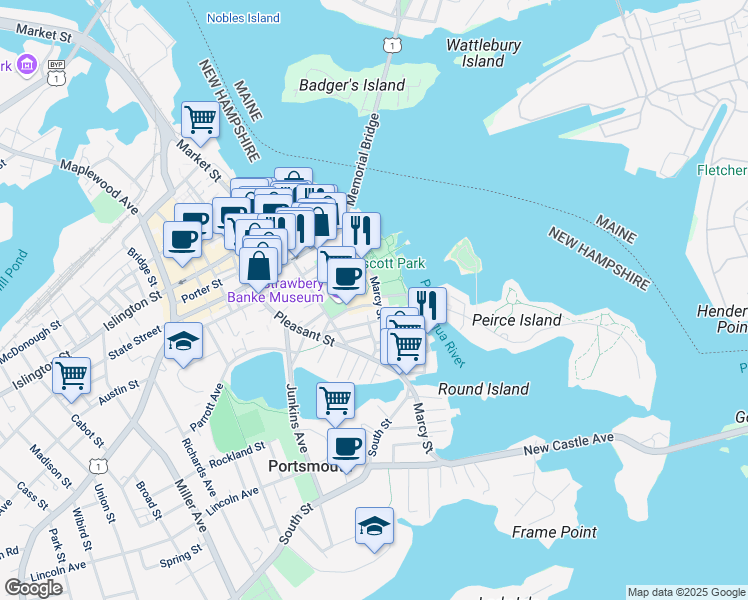 map of restaurants, bars, coffee shops, grocery stores, and more near 168 Marcy Street in Portsmouth