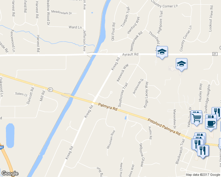 map of restaurants, bars, coffee shops, grocery stores, and more near 12 Autumn Blaze Trail in Fairport