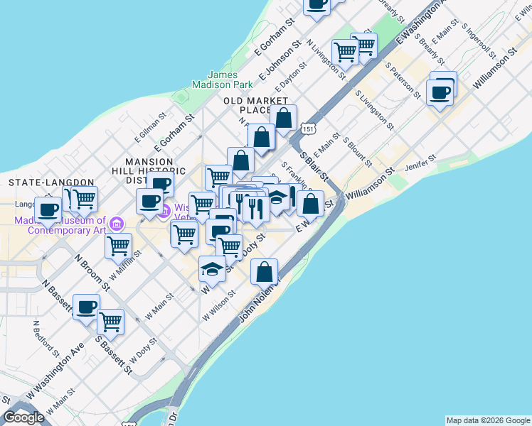 map of restaurants, bars, coffee shops, grocery stores, and more near 101 South Webster Street in Madison