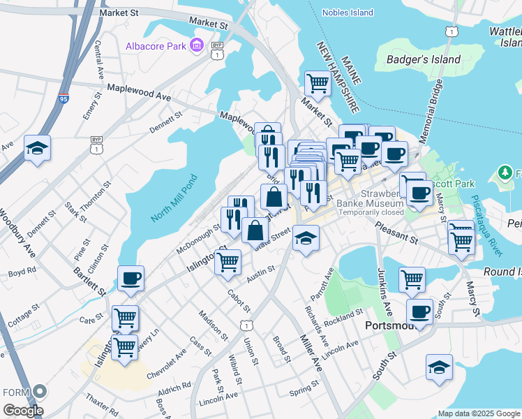map of restaurants, bars, coffee shops, grocery stores, and more near 30 Parker Street in Portsmouth