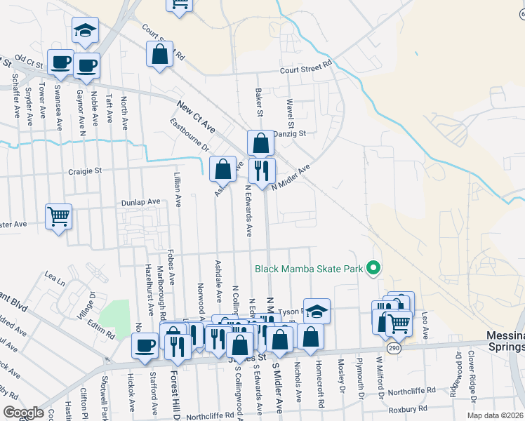 map of restaurants, bars, coffee shops, grocery stores, and more near 346 North Midler Avenue in Syracuse