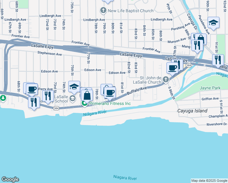 map of restaurants, bars, coffee shops, grocery stores, and more near 133 80th Street in Niagara Falls