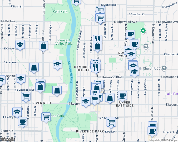 map of restaurants, bars, coffee shops, grocery stores, and more near 3135 North Bartlett Avenue in Milwaukee