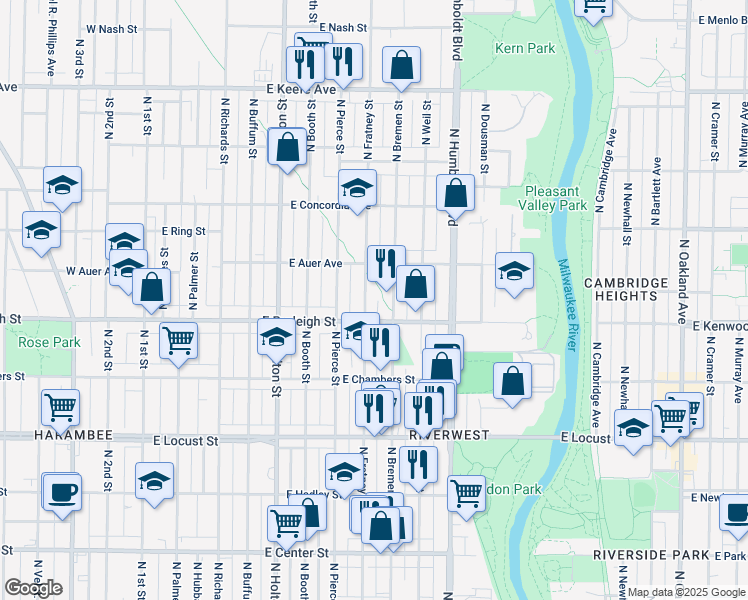 map of restaurants, bars, coffee shops, grocery stores, and more near 3133 North Fratney Street in Milwaukee