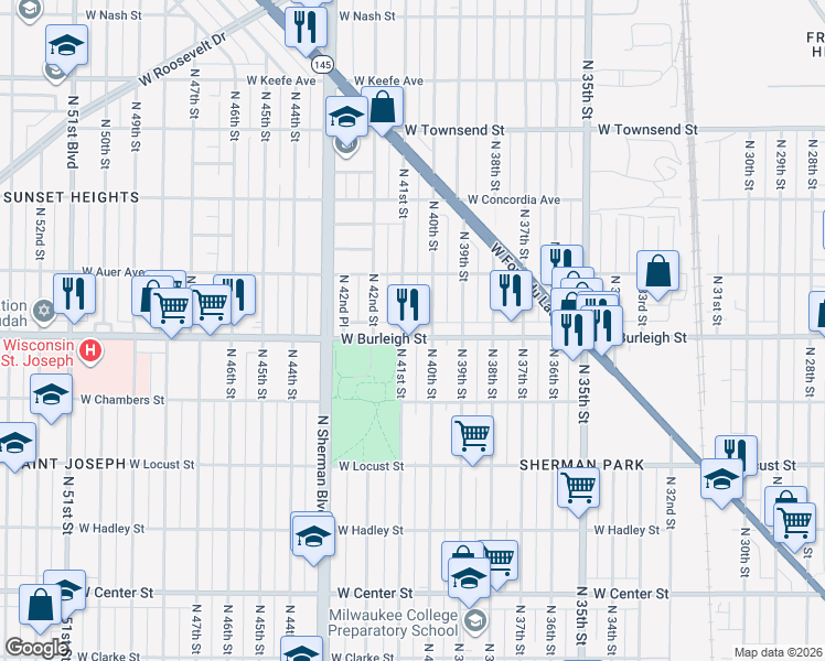 map of restaurants, bars, coffee shops, grocery stores, and more near 3107 North 41st Street in Milwaukee