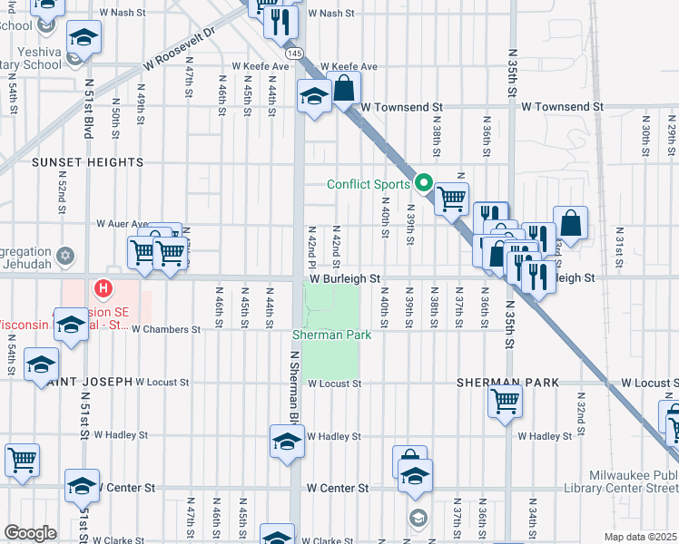 map of restaurants, bars, coffee shops, grocery stores, and more near 4212 West Burleigh Street in Milwaukee