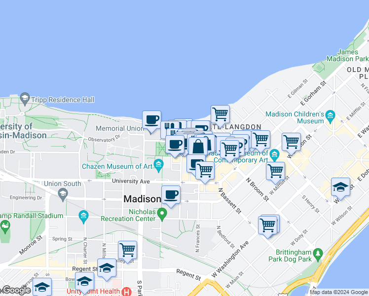 map of restaurants, bars, coffee shops, grocery stores, and more near 700 State Street in Madison
