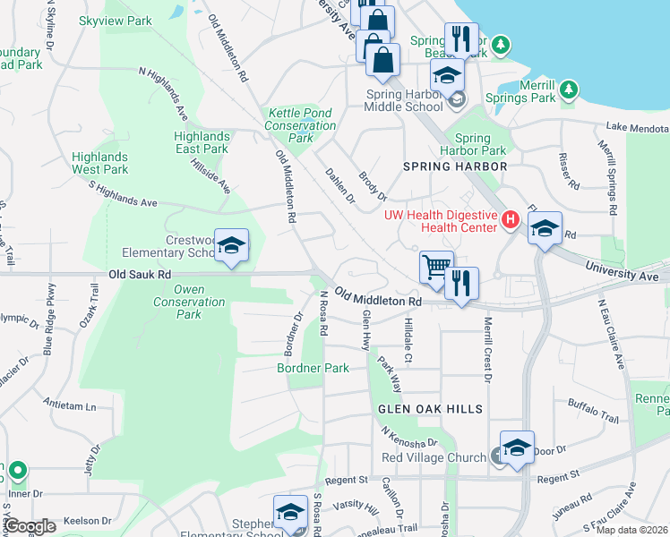 map of restaurants, bars, coffee shops, grocery stores, and more near 5606 Old Middleton Road in Madison