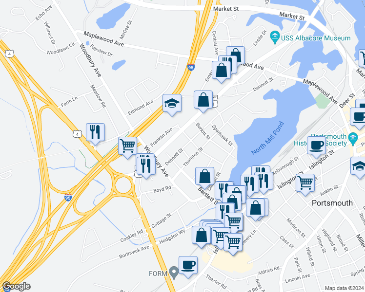 map of restaurants, bars, coffee shops, grocery stores, and more near 571 Dennett Street in Portsmouth