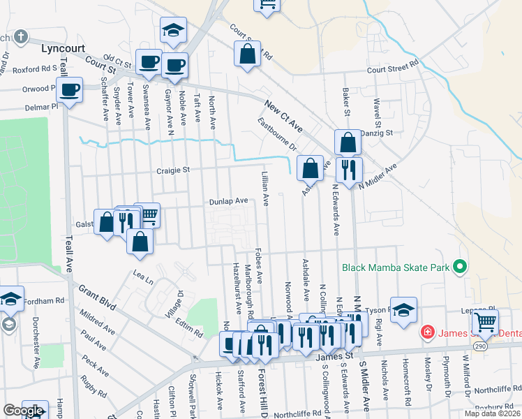 map of restaurants, bars, coffee shops, grocery stores, and more near 471 Lillian Avenue in Syracuse