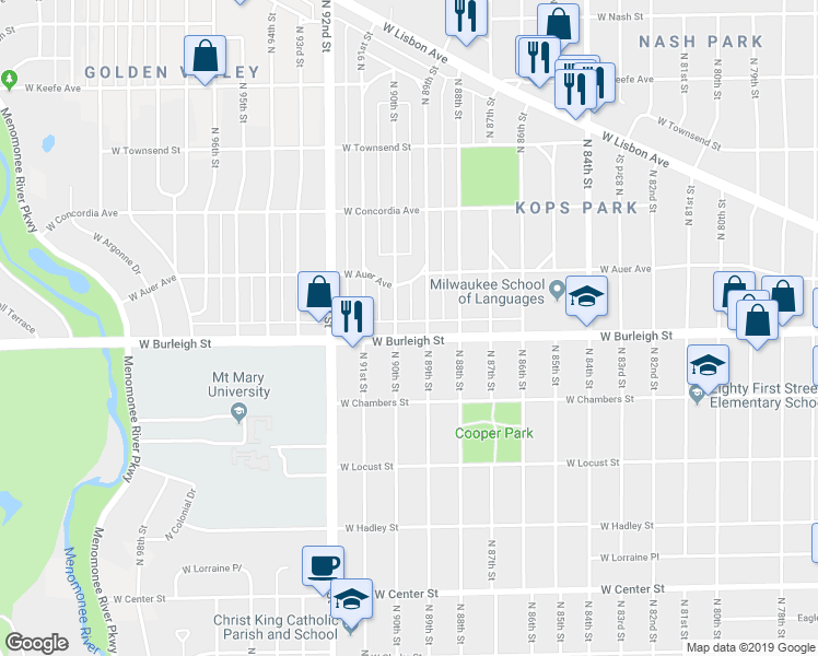 map of restaurants, bars, coffee shops, grocery stores, and more near 8920 West Burleigh Street in Milwaukee