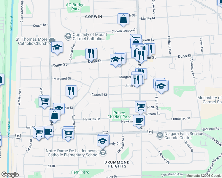 map of restaurants, bars, coffee shops, grocery stores, and more near 6902 Dell Avenue in Niagara Falls