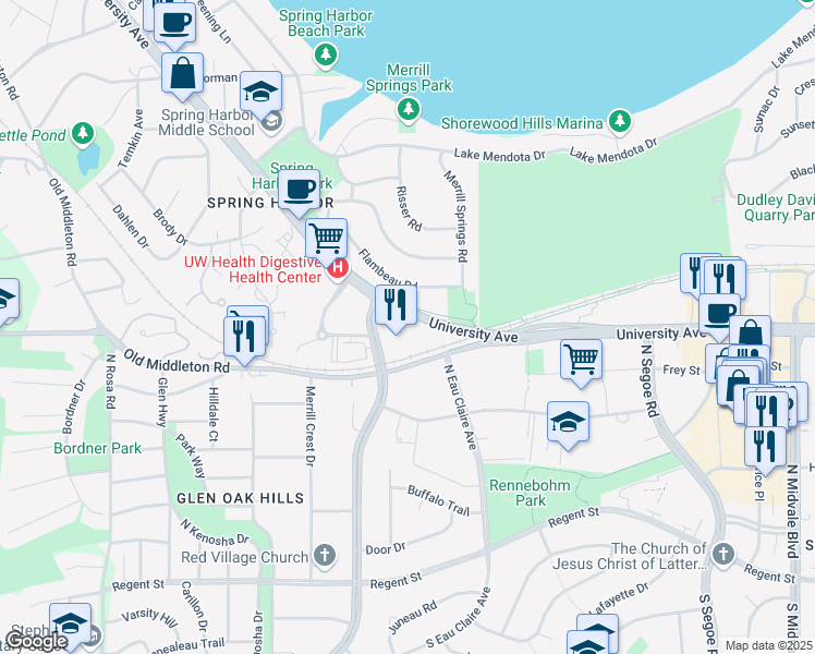 map of restaurants, bars, coffee shops, grocery stores, and more near 5003 University Avenue in Madison