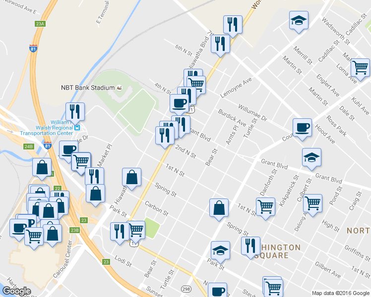 map of restaurants, bars, coffee shops, grocery stores, and more near 606 2nd North Street in Syracuse