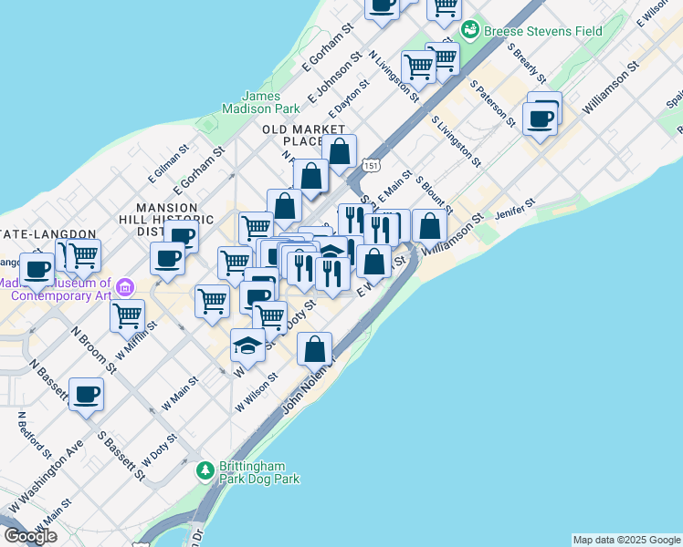 map of restaurants, bars, coffee shops, grocery stores, and more near 127 South Butler Street in Madison