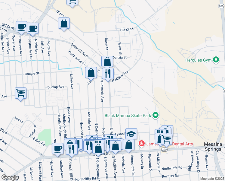 map of restaurants, bars, coffee shops, grocery stores, and more near 346 North Midler Avenue in Syracuse