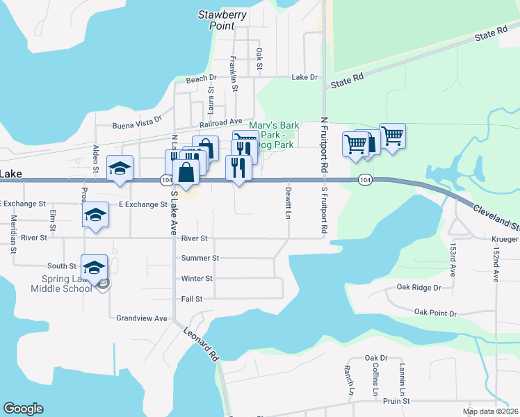 map of restaurants, bars, coffee shops, grocery stores, and more near 104 Stonegate Court in Spring Lake