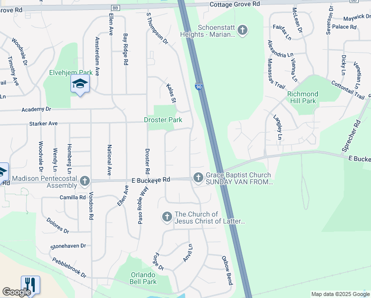 map of restaurants, bars, coffee shops, grocery stores, and more near 1622 South Thompson Drive in Madison