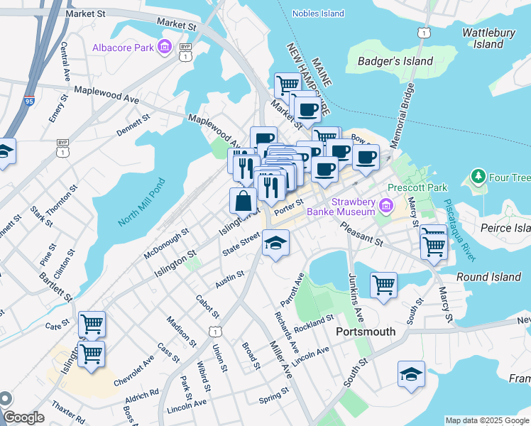 map of restaurants, bars, coffee shops, grocery stores, and more near 10 Middle Street in Portsmouth