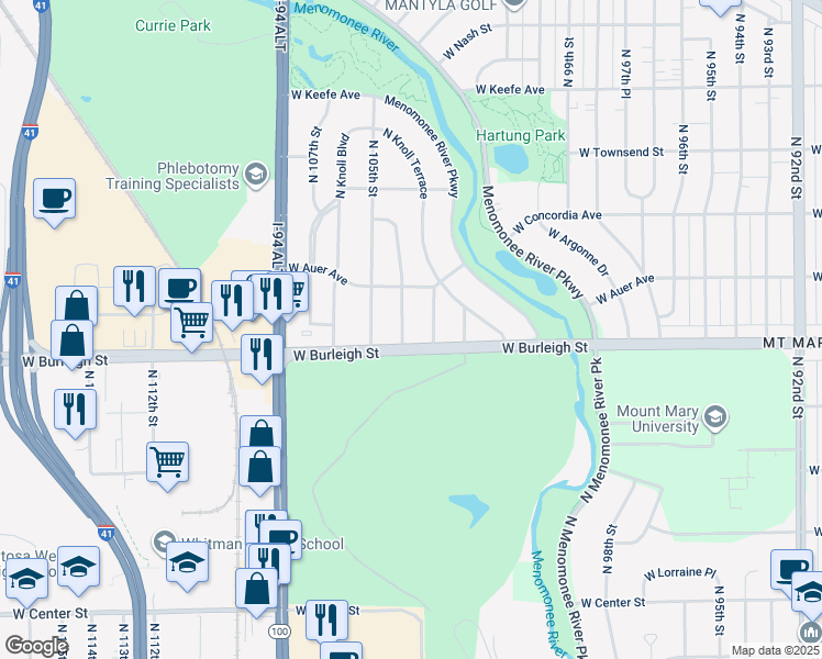 map of restaurants, bars, coffee shops, grocery stores, and more near 3120 North 104th Street in Wauwatosa