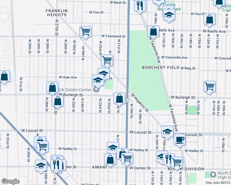 map of restaurants, bars, coffee shops, grocery stores, and more near 3111 North 21st Street in Milwaukee