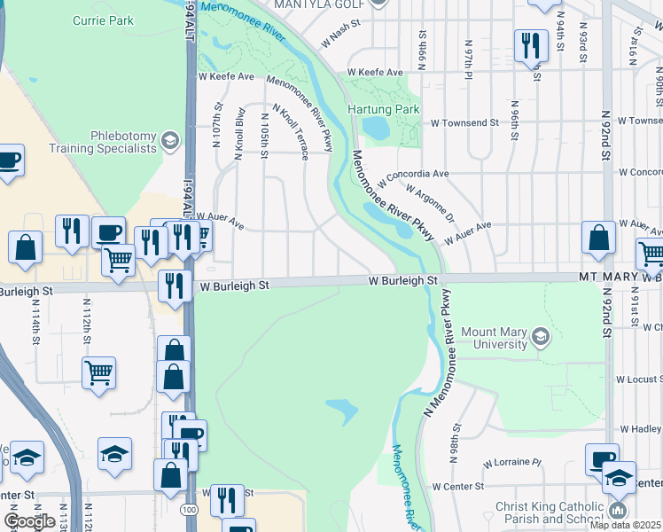 map of restaurants, bars, coffee shops, grocery stores, and more near 3115 North 102nd Street in Wauwatosa