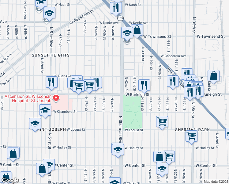 map of restaurants, bars, coffee shops, grocery stores, and more near 3108 North 44th Street in Milwaukee