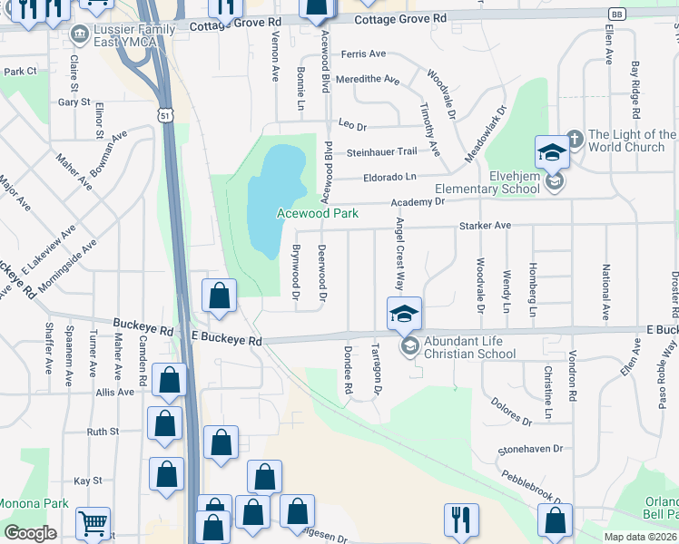 map of restaurants, bars, coffee shops, grocery stores, and more near 1606 Dondee Road in Madison