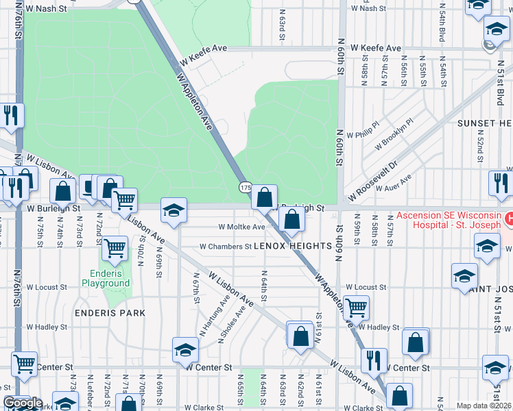 map of restaurants, bars, coffee shops, grocery stores, and more near W Appleton Ave & W Burleigh St in Milwaukee