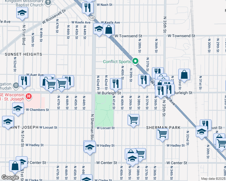 map of restaurants, bars, coffee shops, grocery stores, and more near 3107 North 41st Street in Milwaukee