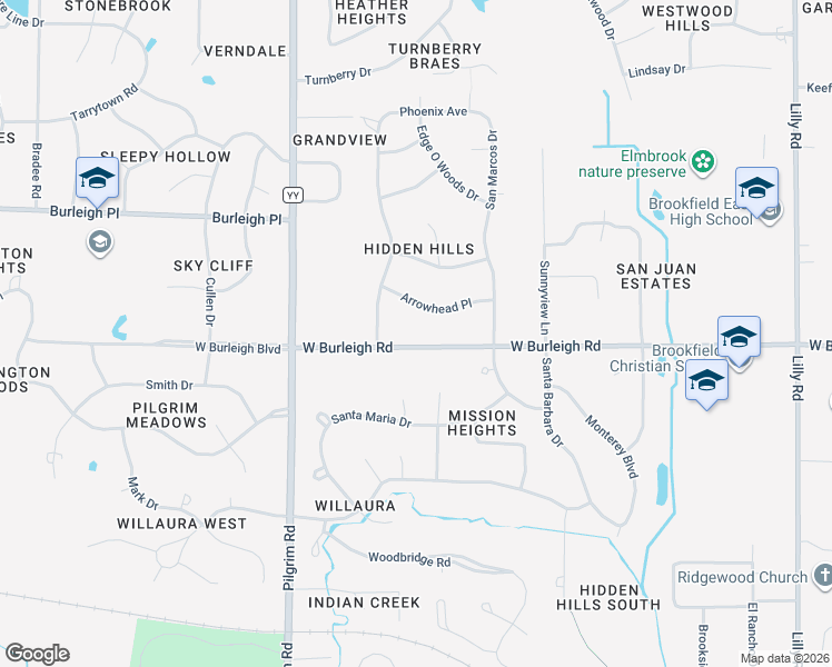 map of restaurants, bars, coffee shops, grocery stores, and more near 15130 West Burleigh Road in Brookfield