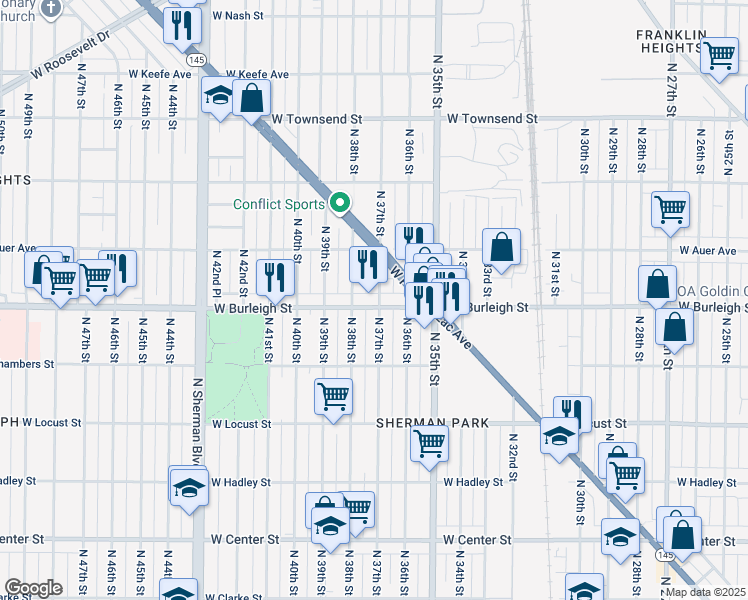 map of restaurants, bars, coffee shops, grocery stores, and more near 3700 West Burleigh Street in Milwaukee