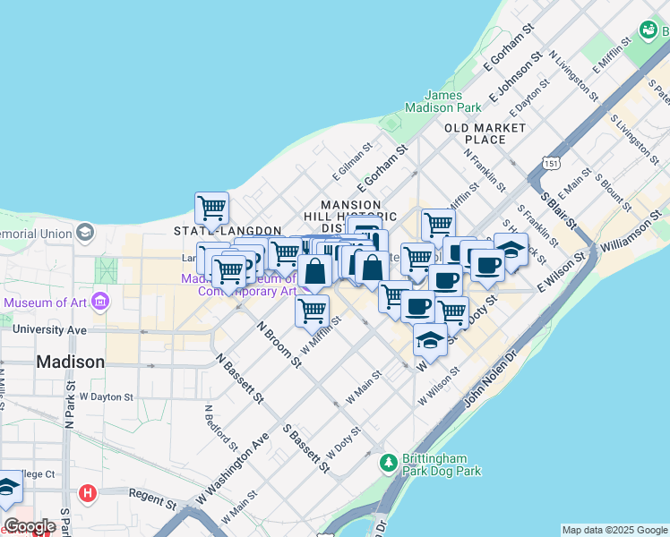 map of restaurants, bars, coffee shops, grocery stores, and more near 212 North Carroll Street in Madison