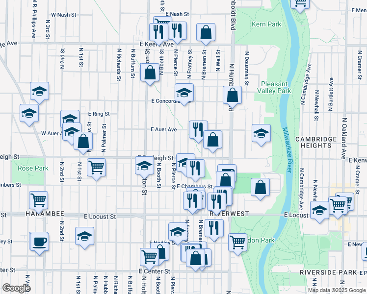 map of restaurants, bars, coffee shops, grocery stores, and more near 3133 North Fratney Street in Milwaukee