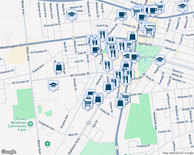 map of restaurants, bars, coffee shops, grocery stores, and more near 80 West Circular Street in Saratoga Springs