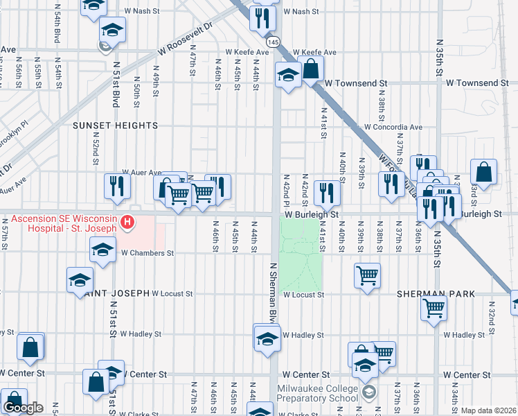 map of restaurants, bars, coffee shops, grocery stores, and more near 3108 North 44th Street in Milwaukee