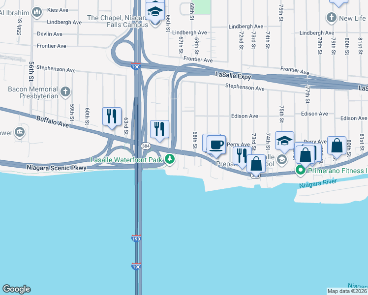 map of restaurants, bars, coffee shops, grocery stores, and more near 107 South 67th Street in Niagara Falls