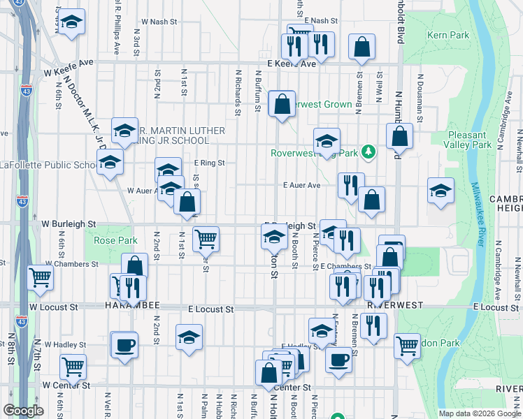 map of restaurants, bars, coffee shops, grocery stores, and more near 3134 North Buffum Street in Milwaukee