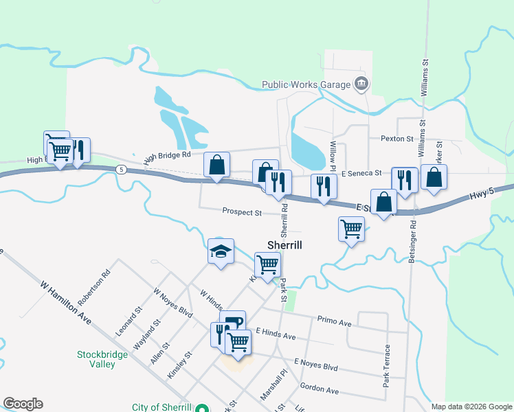 map of restaurants, bars, coffee shops, grocery stores, and more near 136 Prospect St in Sherrill