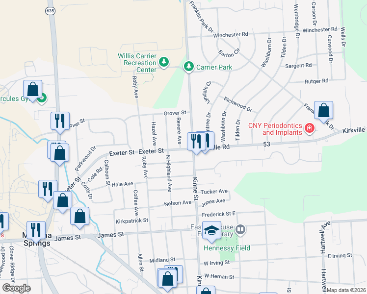 map of restaurants, bars, coffee shops, grocery stores, and more near 100 Revere Avenue in East Syracuse