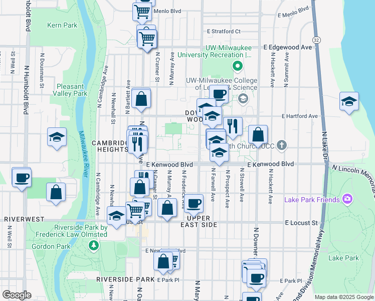map of restaurants, bars, coffee shops, grocery stores, and more near 3135 North Maryland Avenue in Milwaukee