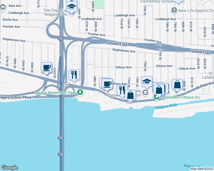 map of restaurants, bars, coffee shops, grocery stores, and more near 136 70th Street in Niagara Falls