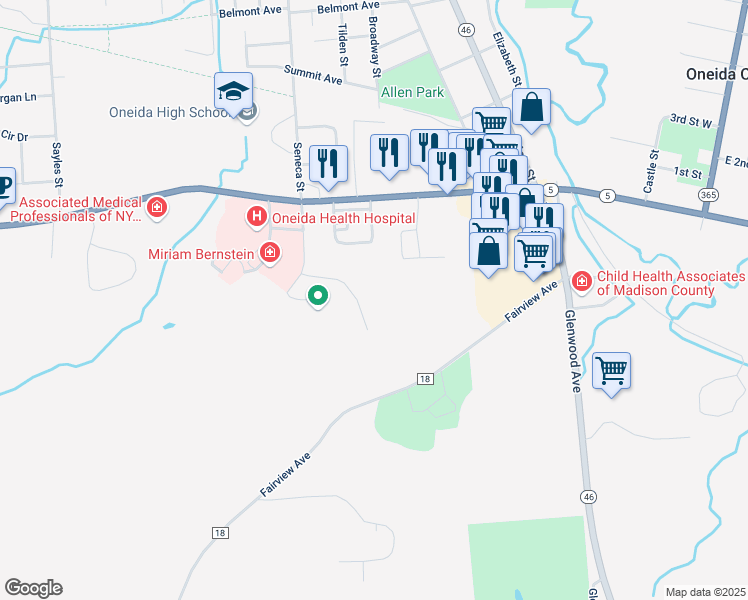 map of restaurants, bars, coffee shops, grocery stores, and more near 1061 Meadow Drive in Oneida