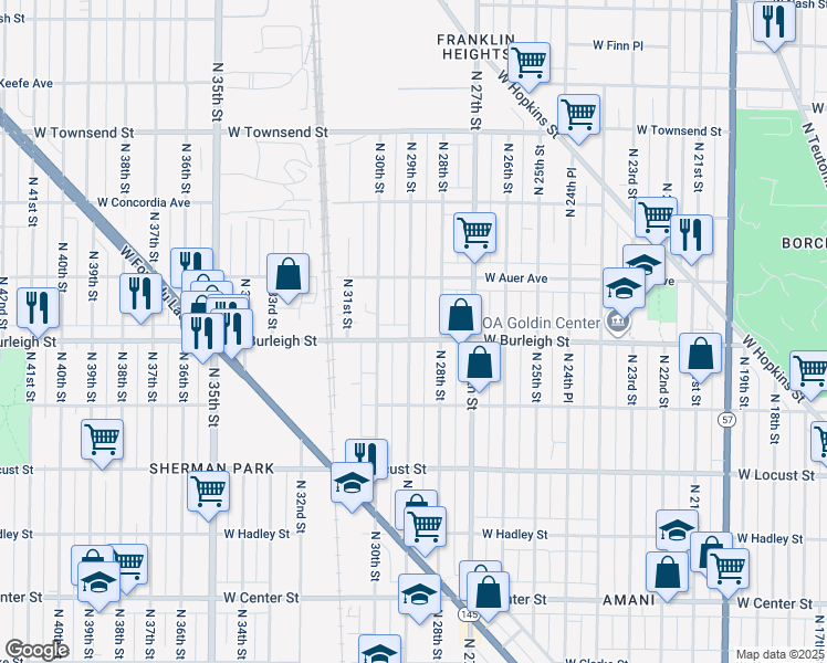 map of restaurants, bars, coffee shops, grocery stores, and more near 3106 North 29th Street in Milwaukee