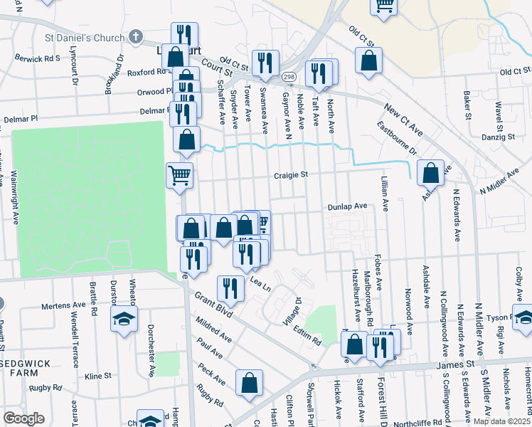 map of restaurants, bars, coffee shops, grocery stores, and more near 202 Tower Avenue in Syracuse