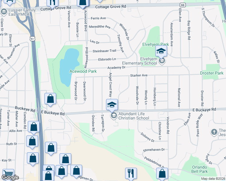 map of restaurants, bars, coffee shops, grocery stores, and more near 1613 Angel Crest Way in Madison